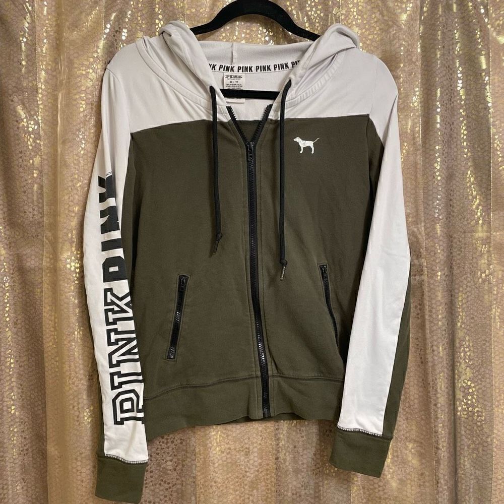 PINK Victorias Secret Olive Green White Zip Hoodie Sweatshirt, XS